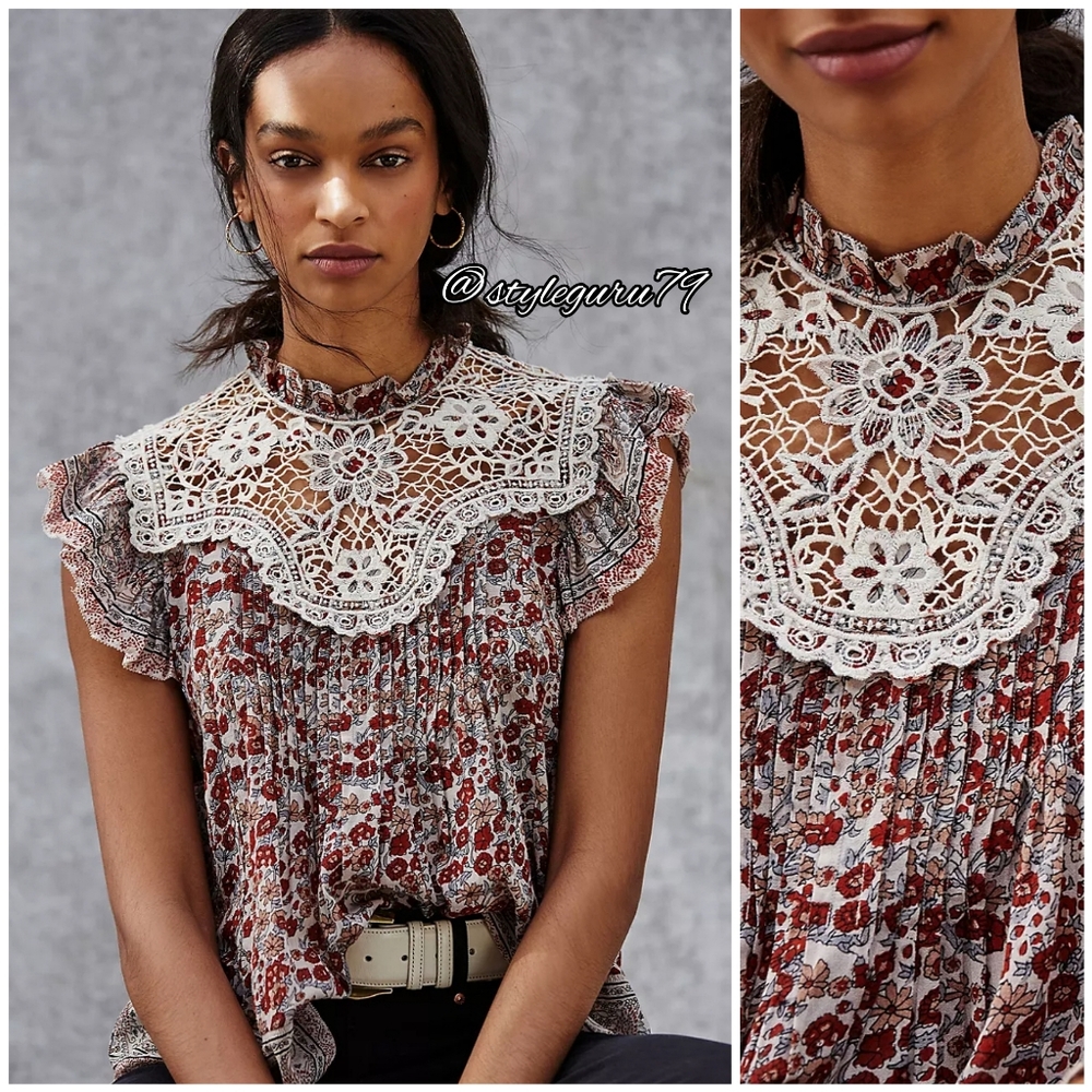 NWT, Anthropologie, MALIA LACE RUFFLE SLEEVE BLOUSE